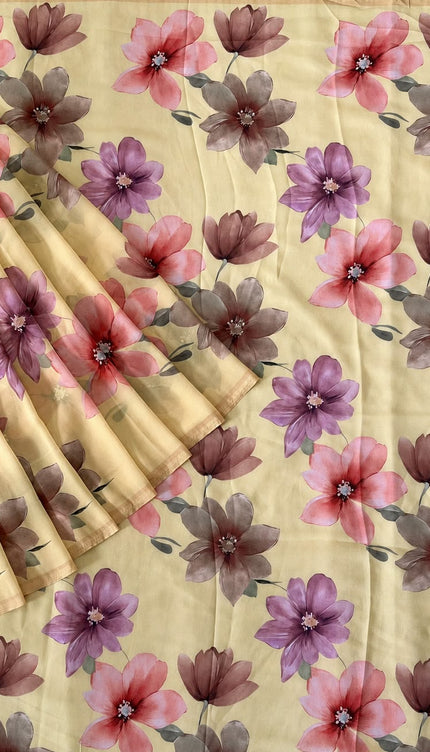 Georgette Saree With Allover Floral Print With Contrast Border - Mustard