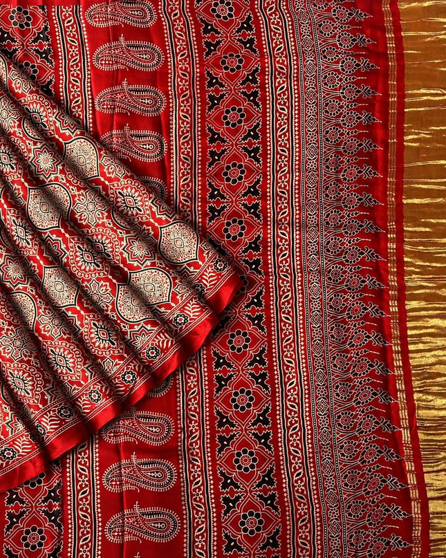 Modal silk saree with ajrakh Design and  Contrast Border - Red