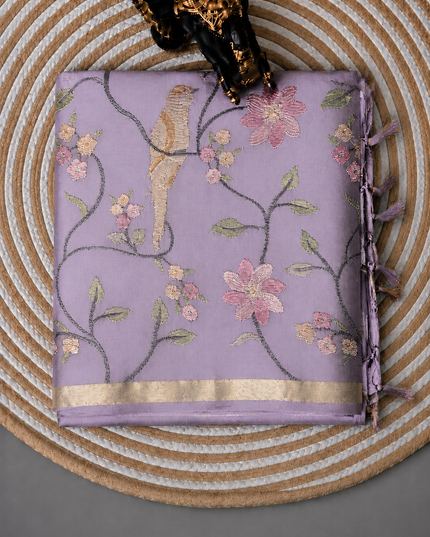 Chanderi Saree with Thread Embroidery Work and Contrast  Border-  Lavender