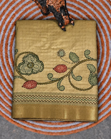 Tusser Saree with Floral and Golden Checks Design and Golden  Border - Light Mustard