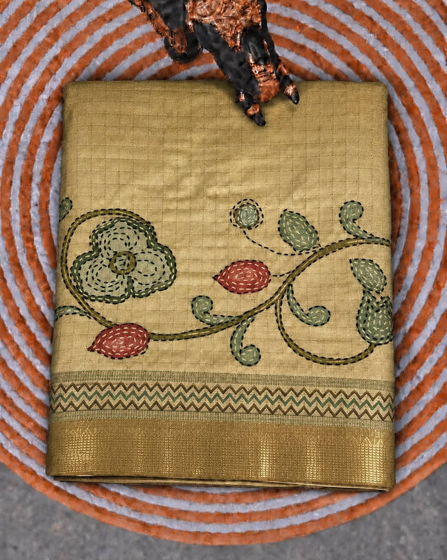 Tusser Saree with Floral and Golden Checks Design and Golden  Border - Light Mustard