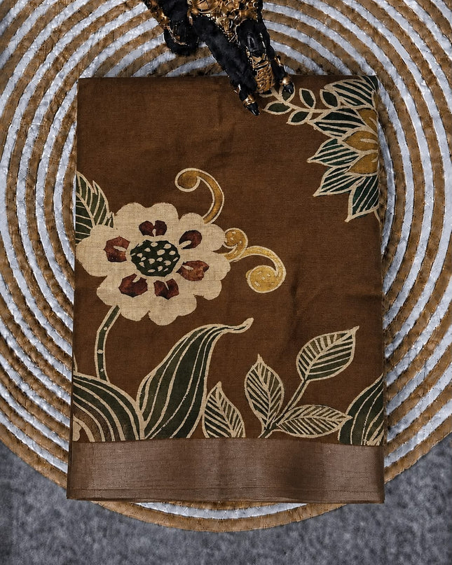 Tusser Silk Saree With Floral Print and Contrast Border- Brown