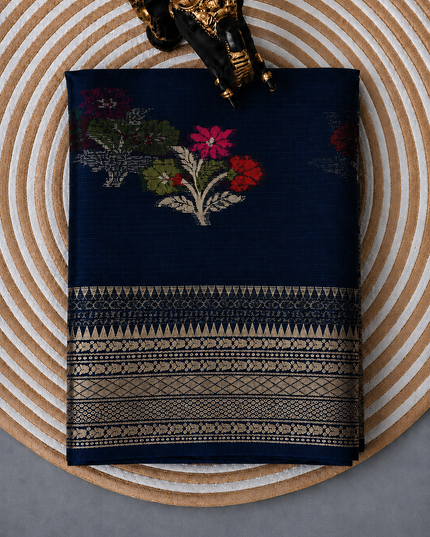 Kota Silk Saree with All over Thread Weaving Flower Butties and Golden Border - Navy