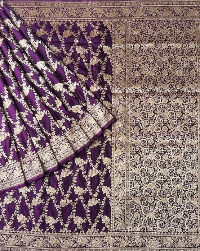 Banaras saree with All over Antic Zari Weaving Jall Design and Zari Antic Border -violet