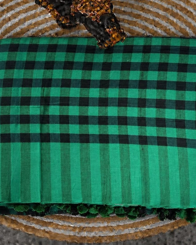 Cotton Saree With Checks Design and Tassels - Green