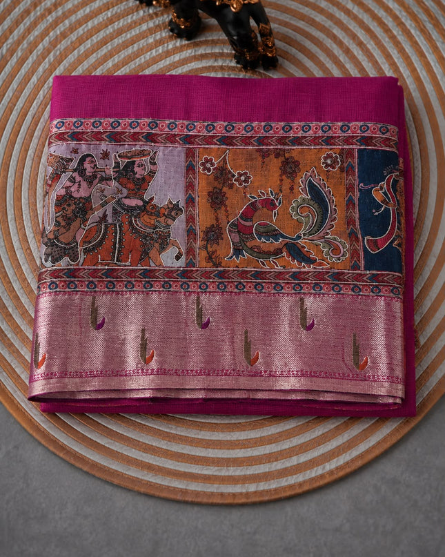 Kota Silk Saree with Kalamkari Dori Work and Muniya Border  - Magenta