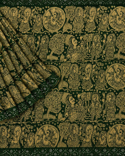 Georgette Saree With Kalmkari Print and Scallop Border and Mirror Work  - Bottle Green