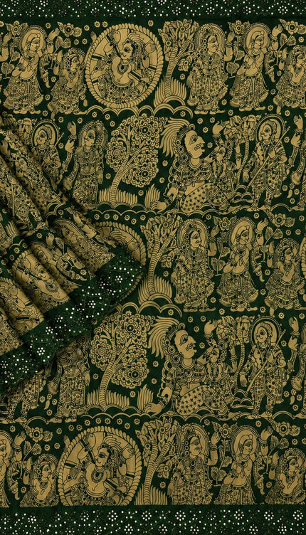 Georgette Saree With Kalmkari Print and Scallop Border and Mirror Work  - Bottle Green