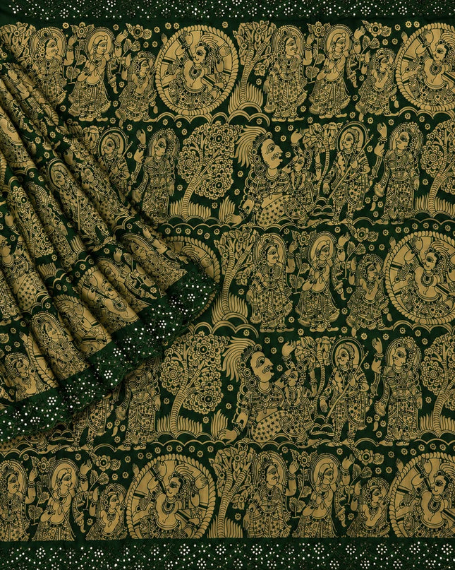 Georgette Saree With Kalmkari Print and Scallop Border and Mirror Work  - Bottle Green