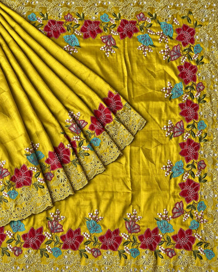 Dupion Silk  Saree with Applique work and Cut work Border - Mustard
