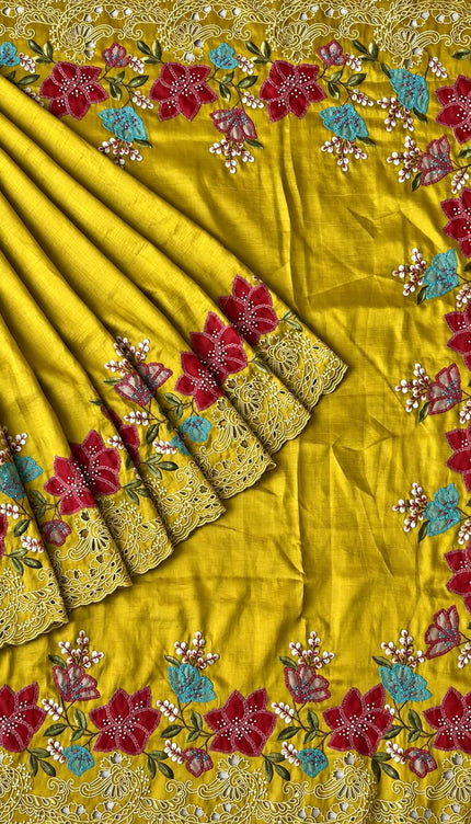 Dupion Silk  Saree with Applique work and Cut work Border - Mustard