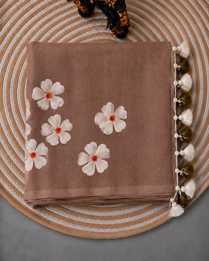 Mul cotton saree and Hand Painting with Tassels- Light Brown
