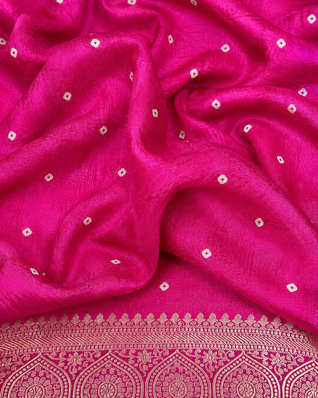 Tusser Silk Saree With Bhandni Print and Golden Border - Magenta