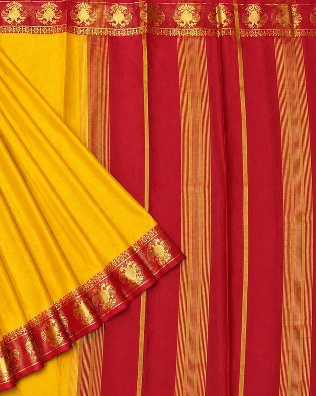 Mysore Silk sarees with  Gandaberunda Design  Contrast  Border - Mustard