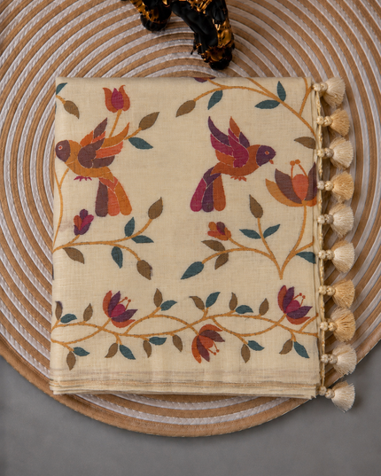 Jamdani saree with Allover Floral Design with Tassels -  Cream