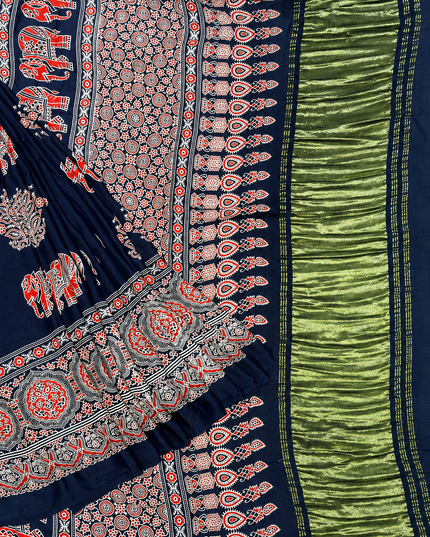 Modal silk saree with  ajrakh Design and Small Border  - Navy Blue