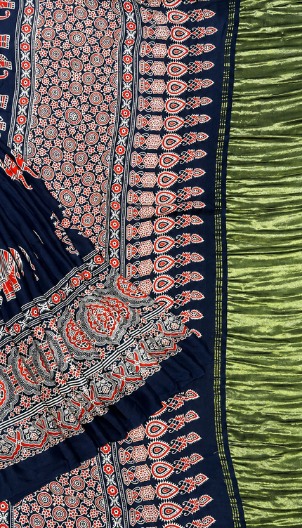 Modal silk saree with  ajrakh Design and Small Border  - Navy Blue