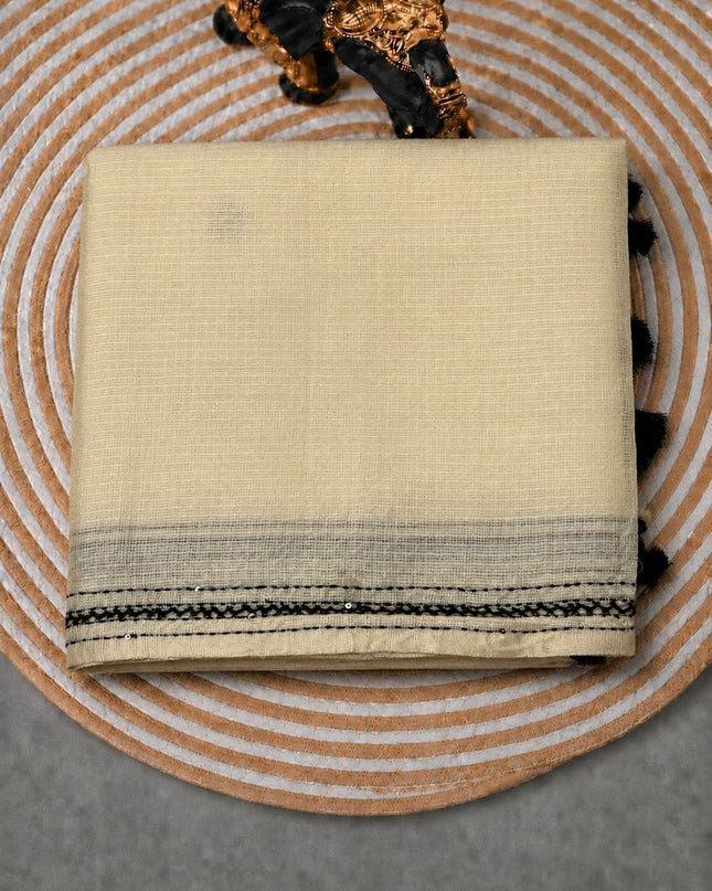 Silk Kota Saree with Katha Work and Small Golden Border- Beige