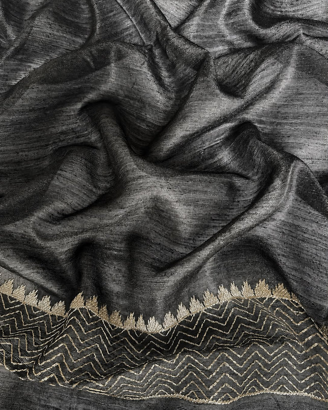 Jute Tusser Silk Saree With Cross Stich Work Border- Black