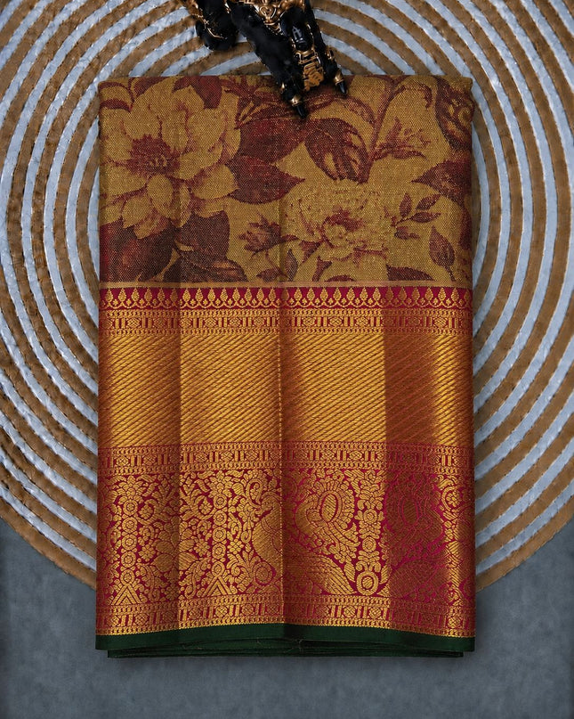 Pure kanchi Tissue saree Floral Weaving and Gold Kaddi Border - Pink