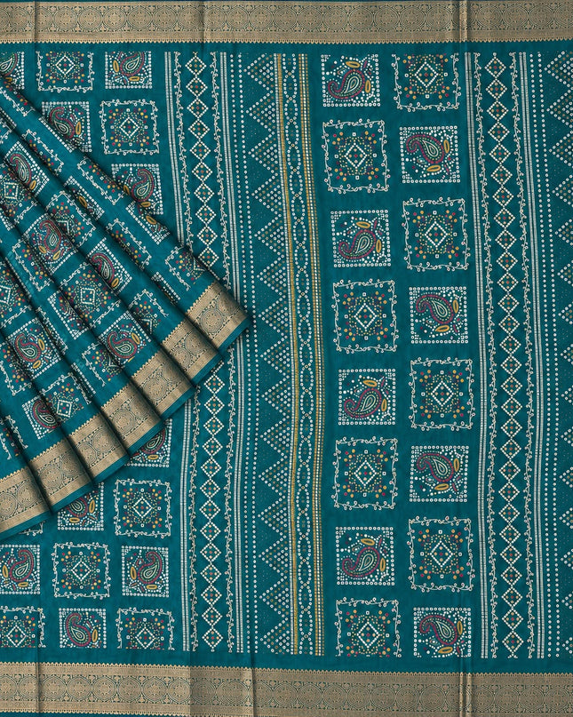 Tusser Silk Saree With Bhandni Print and Golden Border - Green
