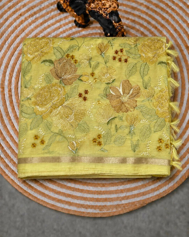 Mul  chanderi saree with thread embroidery Work and Small Border - Lemon Yellow
