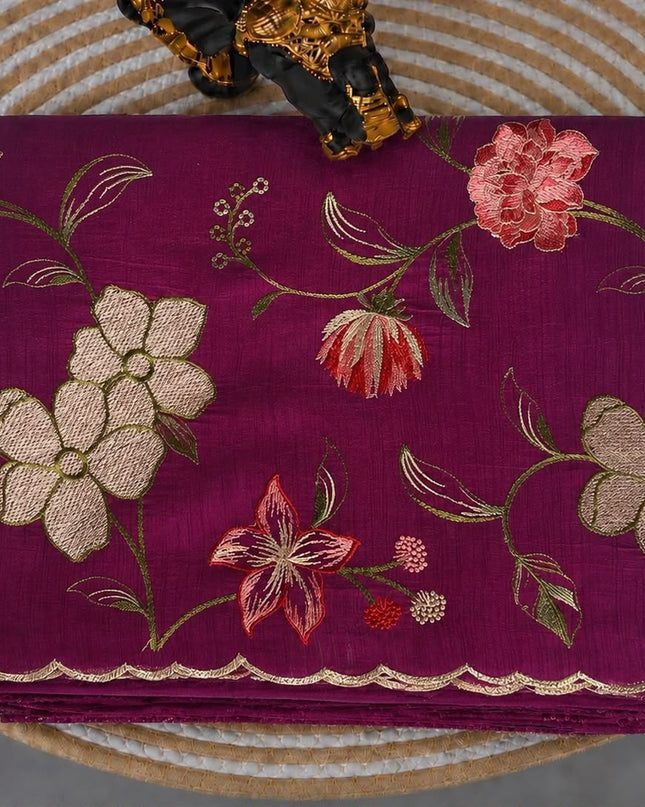 Jute Tusser Saree With All Over Thread Embroidery  Work Scallop Border - Magenta