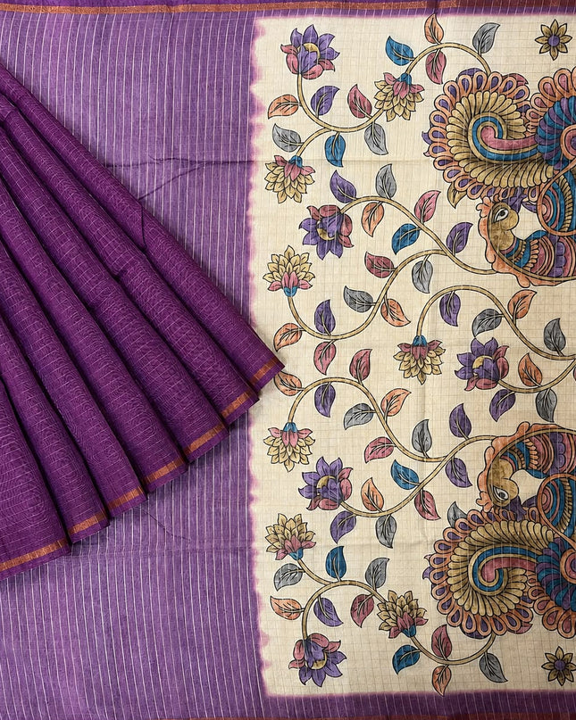 Tusser Silk Saree With All over Golden Checks Design and Kalamkari Pallu - Purple