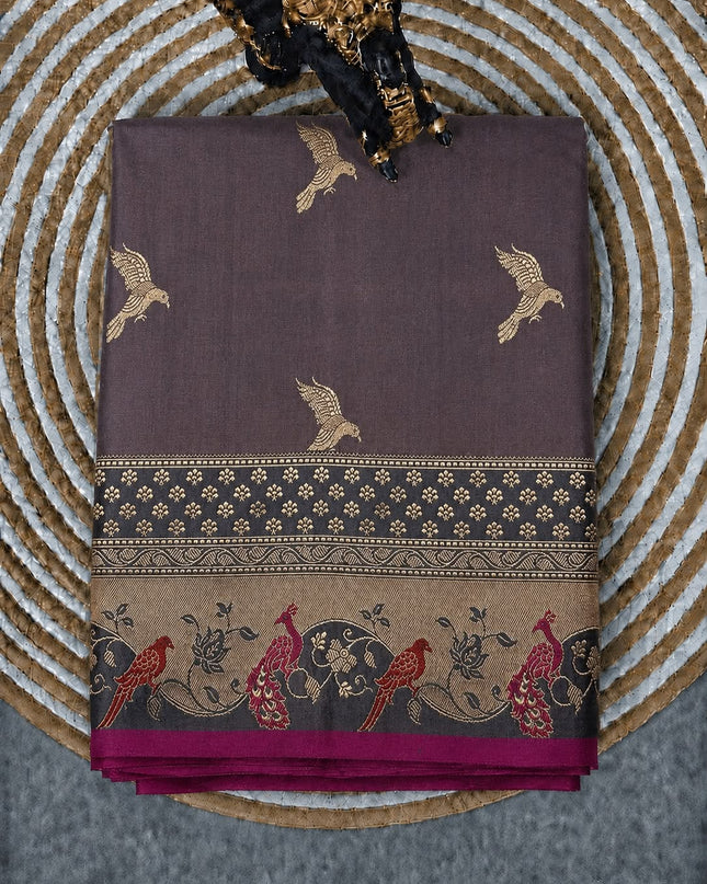 Kathan Silk Saree With All over Gold Zari Buttes and Golden Zari Weaving Border - Grey & Magenta