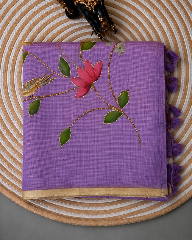 Kota Silk Saree with All over Thread Weaving Flower Butties and Golden Border -  Lavender