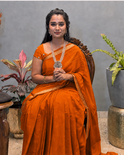 Crepe Saree with Golden Zari contrast Border -Orange