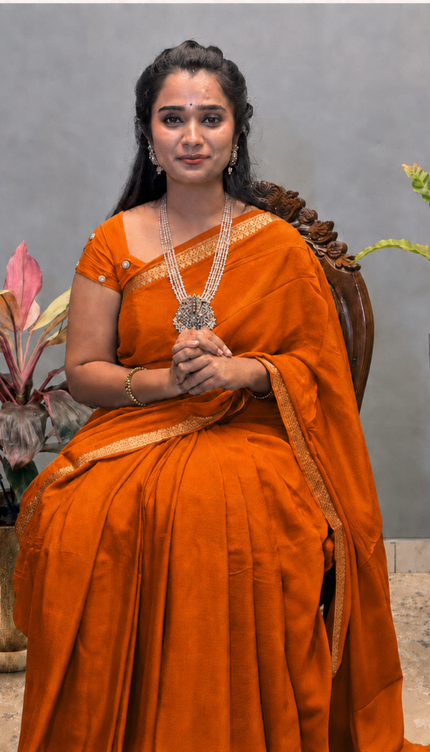 Crepe Saree with Golden Zari contrast Border -Orange