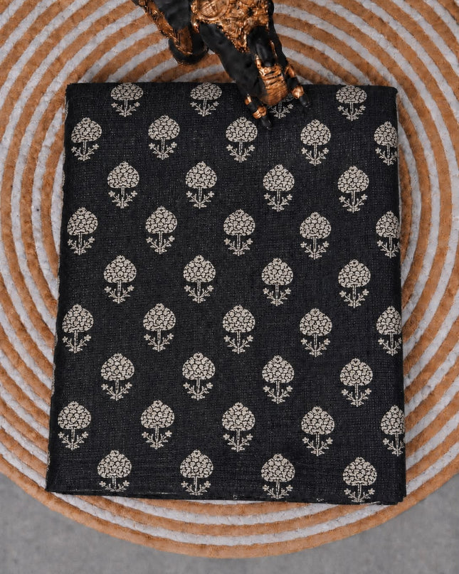 Silk Kota Saree With Block Print  - Black