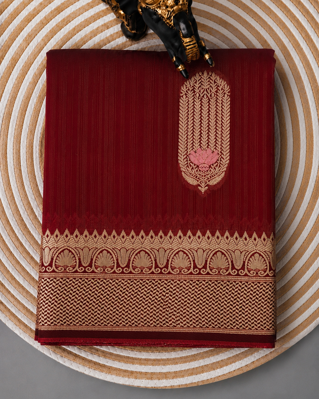 Semi Raw Silk Saree With Gold Zari Weaving Meenakari Butties and kaddi Border - Maroon