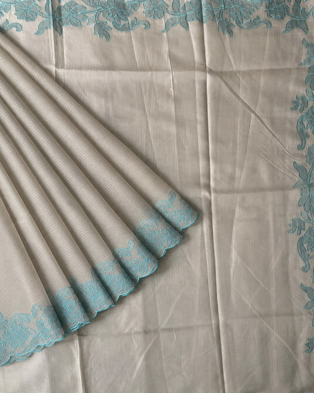 Kota Silk Saree with Contrast  Thread Embroidery Cut Work Border  - Beige & Blue