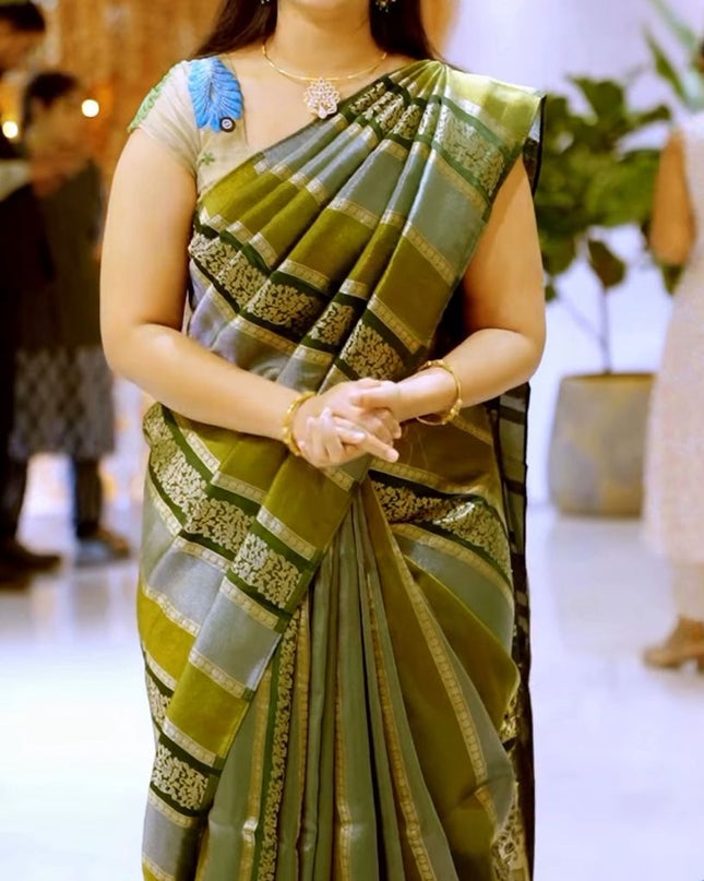 Banarasi Tissue Silk Saree With Gold Zari Work - Green