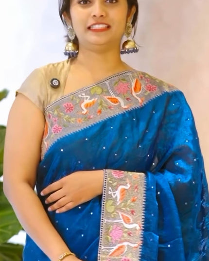 Soft Velvet Sarees With thread Embroidery Border - Light Blue