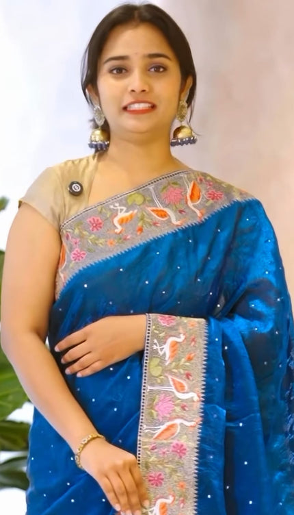 Soft Velvet Sarees With thread Embroidery Border - Light Blue