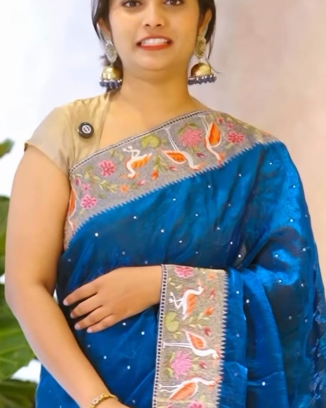 Soft Velvet Sarees With thread Embroidery Border - Light Blue