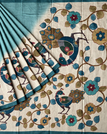Tusser Saree with Floral and Peacock  Print with Kantha Work and contrast Border -  Tan & Green