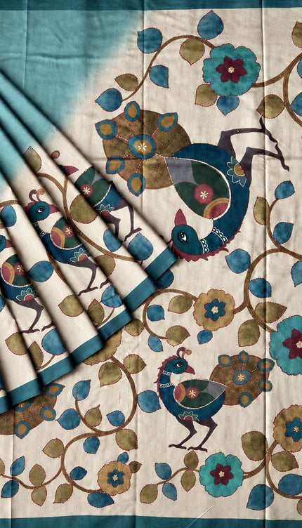 Tusser Saree with Floral and Peacock  Print with Kantha Work and contrast Border -  Tan & Green