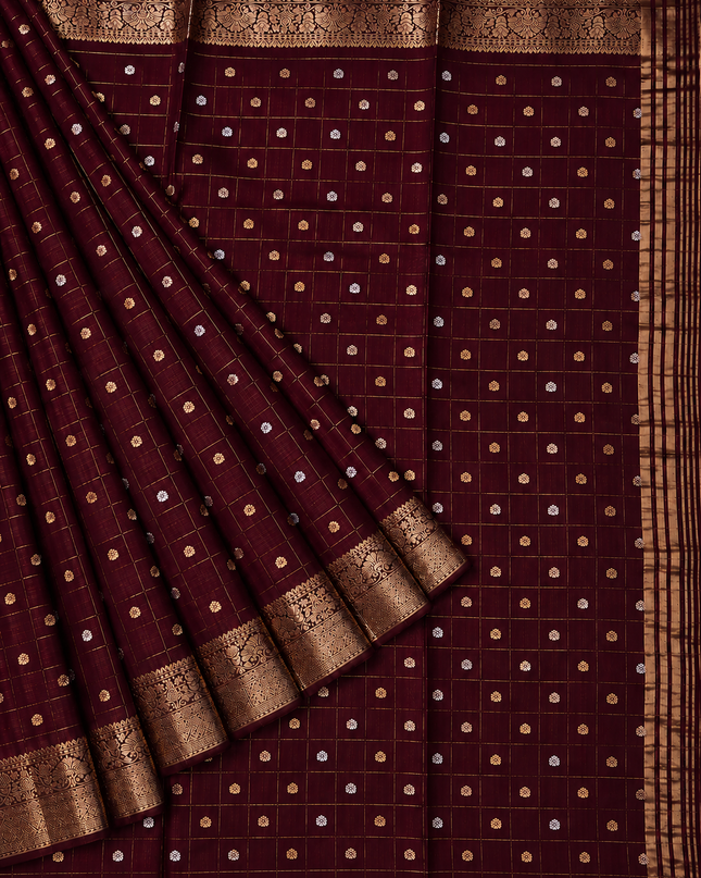 Chinon Silk Saree  with Golden Zari  Weaving Checks Design With Small Butties  Contrast Golden Zari Border -Brown