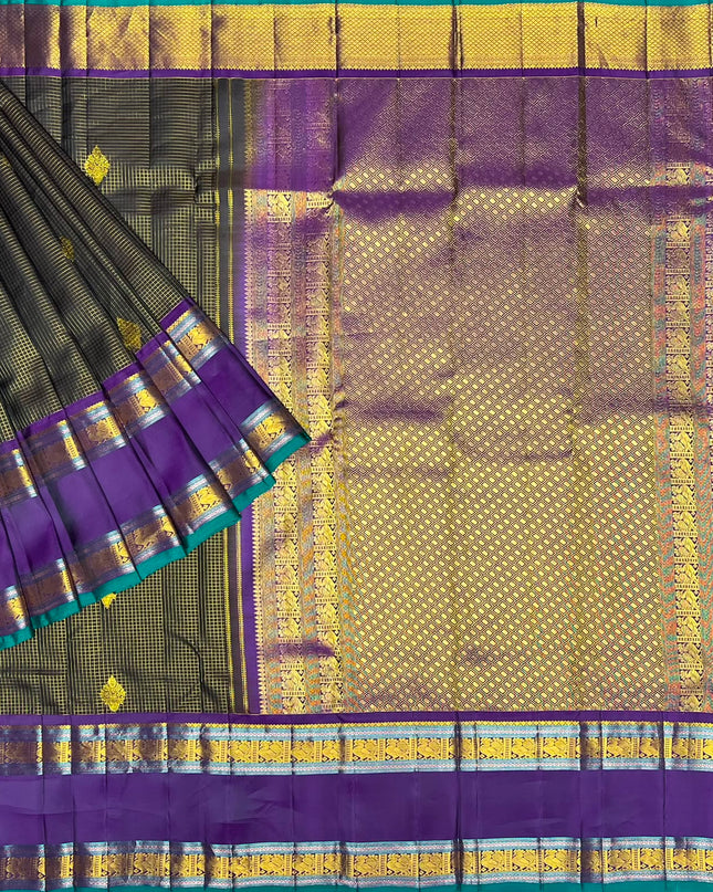 Pure Kanchi Pattu Saree With Allover Checks and Floral Motifs and  Gap Border -  Coffee Brown