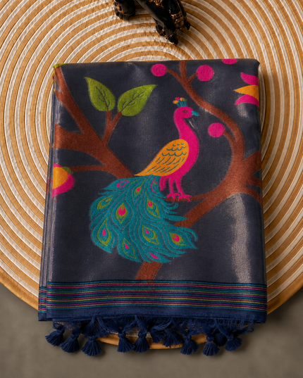 Jute Tusser Saree  with All over Sequence Work and Golden Border - Navy