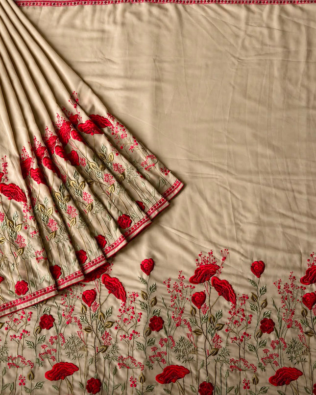 Georgette Saree With Thread Embroidery Work and Piping Border -  Beige
