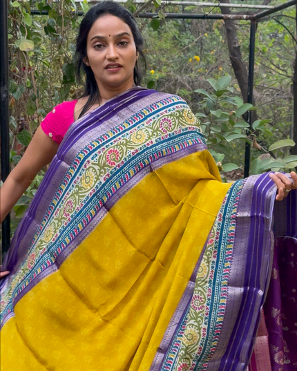 Chinnon Crape  Saree  Floral  Print with Golden Border - Mehandi Green