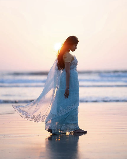 Soft Tissue Organza Saree with thread work scallop border - sea blue