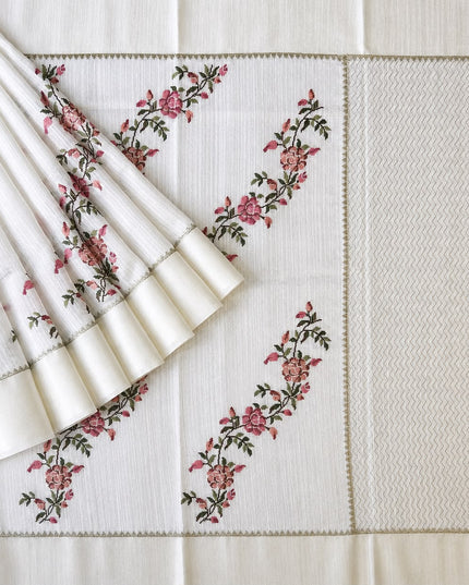 Jute Tusser Silk Saree With Cross Stich Work - White