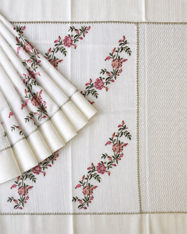 Jute Tusser Silk Saree With Cross Stich Work - White