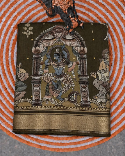 Soft Silk Saree with Ikkat  and Kalamkari Print and Zari Border - Olive Green